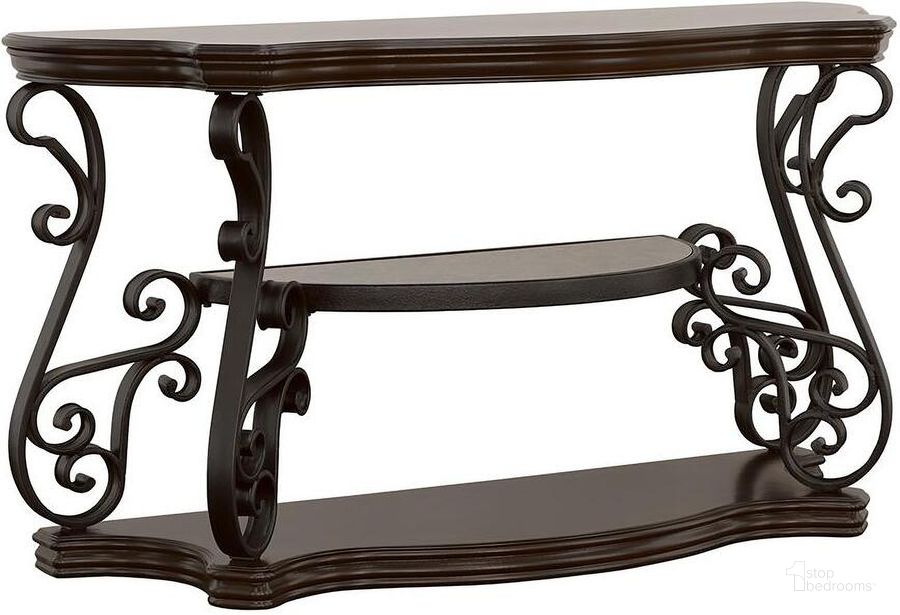 The appearance of Mahogany Ornate Metal Sofa Table designed by Coaster in the traditional interior design. This brown piece of furniture  was selected by 1StopBedrooms from Ornate Collection to add a touch of cosiness and style into your home. Sku: 702449. Material: Wood. Product Type: Sofa Table. Image1