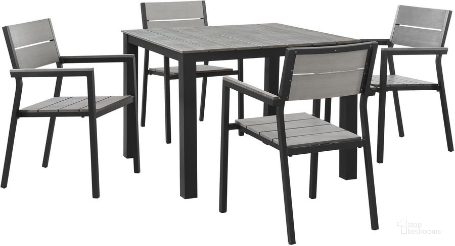 The appearance of Maine Brown and Gray 5 Piece Outdoor Patio Dining Set EEI-1745-BRN-GRY-SET designed by Modway in the modern / contemporary interior design. This brown and gray piece of furniture  was selected by 1StopBedrooms from Maine Collection to add a touch of cosiness and style into your home. Sku: EEI-1745-BRN-GRY-SET. Table Base Style: Legs. Material: Aluminum. Table Top Shape: Rectangular. Product Type: Outdoor Dining Set. Image1