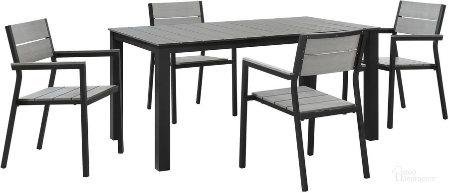 The appearance of Maine Brown and Gray 5 Piece Outdoor Patio Dining Set EEI-1747-BRN-GRY-SET designed by Modway in the modern / contemporary interior design. This brown and gray piece of furniture  was selected by 1StopBedrooms from Maine Collection to add a touch of cosiness and style into your home. Sku: EEI-1747-BRN-GRY-SET. Table Base Style: Legs. Material: Aluminum. Table Top Shape: Rectangular. Product Type: Outdoor Dining Set. Image1