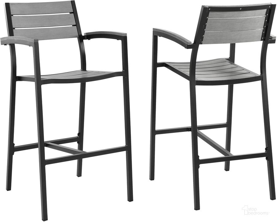 The appearance of Maine Brown and Gray Bar Stool Outdoor Patio Set of 2 designed by Modway in the modern / contemporary interior design. This brown and gray piece of furniture  was selected by 1StopBedrooms from Maine Collection to add a touch of cosiness and style into your home. Sku: EEI-1740-BRN-GRY-SET. Material: Aluminum. Product Type: Outdoor Bar Furniture. Image1