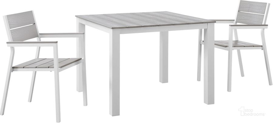 The appearance of Maine White Light Gray 3 Piece Outdoor Patio Dining Set EEI-1743-WHI-LGR-SET designed by Modway in the modern / contemporary interior design. This white light gray piece of furniture  was selected by 1StopBedrooms from Maine Collection to add a touch of cosiness and style into your home. Sku: EEI-1743-WHI-LGR-SET. Table Base Style: Legs. Table Top Shape: Square. Material: Aluminum. Product Type: Outdoor Dining Set. Image1