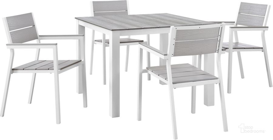 The appearance of Maine White Light Gray 5 Piece Outdoor Patio Dining Set EEI-1745-WHI-LGR-SET designed by Modway in the modern / contemporary interior design. This white light gray piece of furniture  was selected by 1StopBedrooms from Maine Collection to add a touch of cosiness and style into your home. Sku: EEI-1745-WHI-LGR-SET. Table Base Style: Legs. Table Top Shape: Square. Material: Aluminum. Product Type: Outdoor Dining Set. Image1