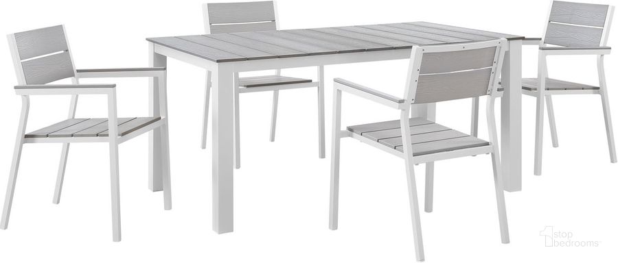 The appearance of Maine White Light Gray 5 Piece Outdoor Patio Dining Set EEI-1747-WHI-LGR-SET designed by Modway in the modern / contemporary interior design. This white light gray piece of furniture  was selected by 1StopBedrooms from Maine Collection to add a touch of cosiness and style into your home. Sku: EEI-1747-WHI-LGR-SET. Table Base Style: Legs. Material: Aluminum. Table Top Shape: Rectangular. Product Type: Outdoor Dining Set. Image1