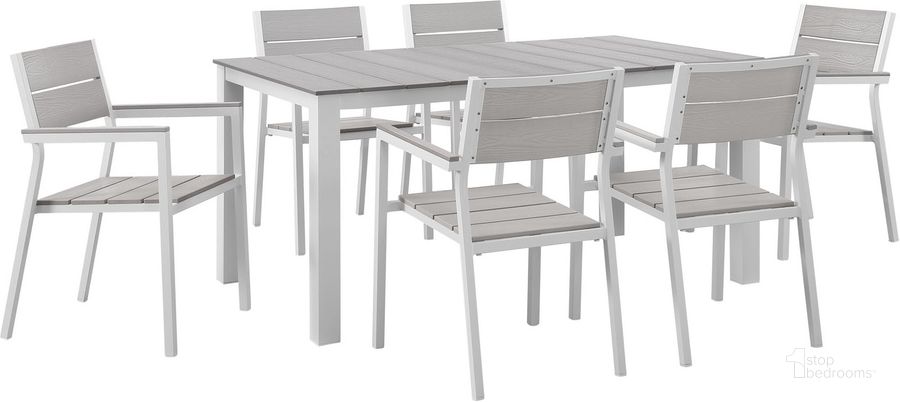 The appearance of Maine White Light Gray 7 Piece Outdoor Patio Dining Set EEI-1749-WHI-LGR-SET designed by Modway in the modern / contemporary interior design. This white light gray piece of furniture  was selected by 1StopBedrooms from Maine Collection to add a touch of cosiness and style into your home. Sku: EEI-1749-WHI-LGR-SET. Table Base Style: Legs. Material: Aluminum. Table Top Shape: Rectangular. Product Type: Outdoor Dining Set. Image1