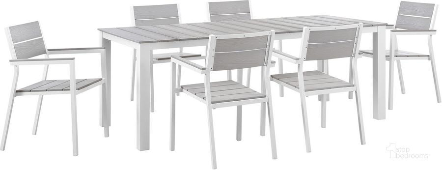 The appearance of Maine White Light Gray 7 Piece Outdoor Patio Dining Set EEI-1751-WHI-LGR-SET designed by Modway in the modern / contemporary interior design. This white light gray piece of furniture  was selected by 1StopBedrooms from Maine Collection to add a touch of cosiness and style into your home. Sku: EEI-1751-WHI-LGR-SET. Table Base Style: Legs. Material: Aluminum. Table Top Shape: Rectangular. Product Type: Outdoor Dining Set. Image1