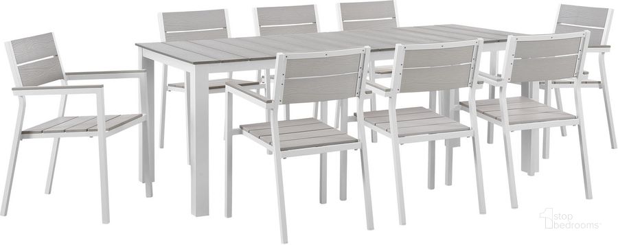 The appearance of Maine White Light Gray 9 Piece Outdoor Patio Dining Set designed by Modway in the modern / contemporary interior design. This white light gray piece of furniture  was selected by 1StopBedrooms from Maine Collection to add a touch of cosiness and style into your home. Sku: EEI-1753-WHI-LGR-SET. Table Base Style: Legs. Material: Aluminum. Table Top Shape: Rectangular. Product Type: Outdoor Dining Set. Image1