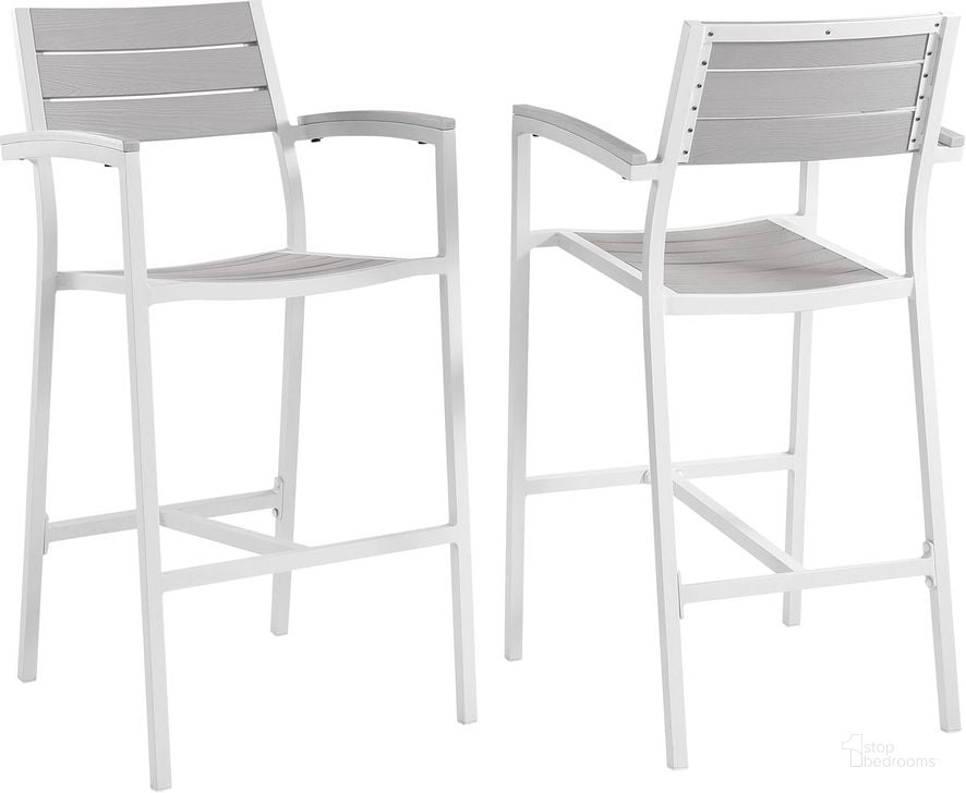 The appearance of Maine White Light Gray Bar Stool Outdoor Patio Set of 2 designed by Modway in the modern / contemporary interior design. This white light gray piece of furniture  was selected by 1StopBedrooms from Maine Collection to add a touch of cosiness and style into your home. Sku: EEI-1740-WHI-LGR-SET. Material: Aluminum. Product Type: Outdoor Bar Furniture. Image1