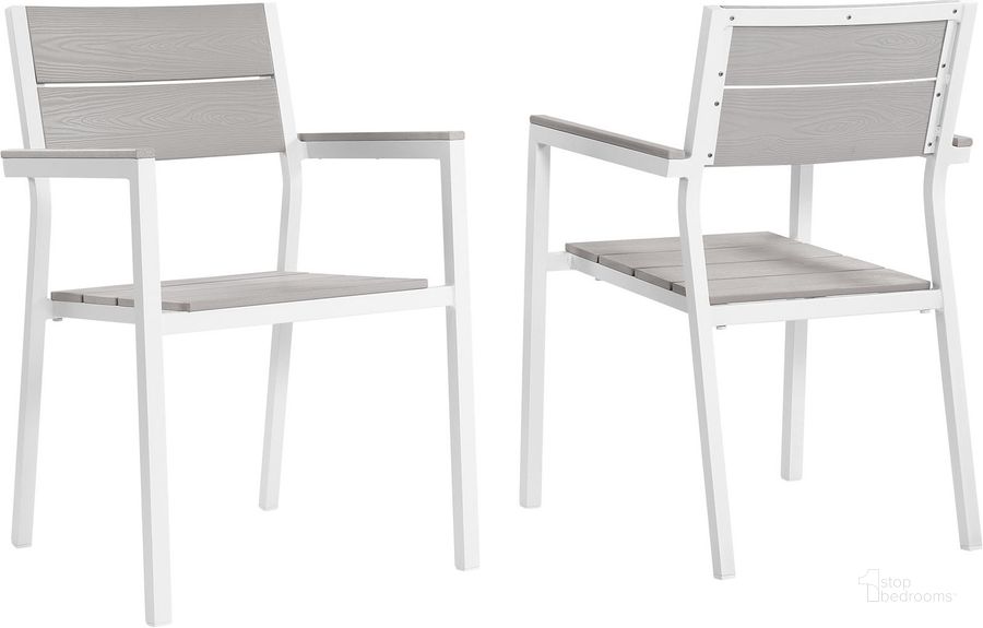 The appearance of Maine White Light Gray Dining Arm Chair Outdoor Patio Set of 2 designed by Modway in the modern / contemporary interior design. This white light gray piece of furniture  was selected by 1StopBedrooms from Maine Collection to add a touch of cosiness and style into your home. Sku: EEI-1739-WHI-LGR-SET. Material: Aluminum. Product Type: Outdoor Dining Chair. Image1