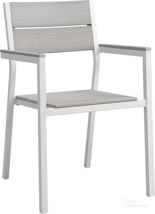 The appearance of Maine White Light Gray Dining Outdoor Patio Arm Chair designed by Modway in the modern / contemporary interior design. This white light gray piece of furniture  was selected by 1StopBedrooms from Maine Collection to add a touch of cosiness and style into your home. Sku: EEI-1506-WHI-LGR. Material: Aluminum. Product Type: Outdoor Dining Chair. Image1