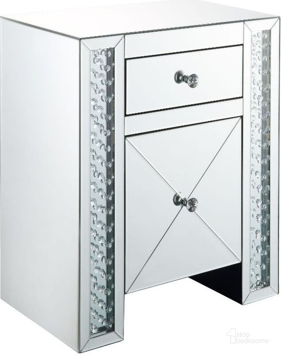 The appearance of Maisha Mirrored and Faux Crystals Nightstand designed by ACME in the glam interior design. This silver piece of furniture  was selected by 1StopBedrooms from Maisha Collection to add a touch of cosiness and style into your home. Sku: 97026. Material: Wood. Product Type: Nightstand. Image1