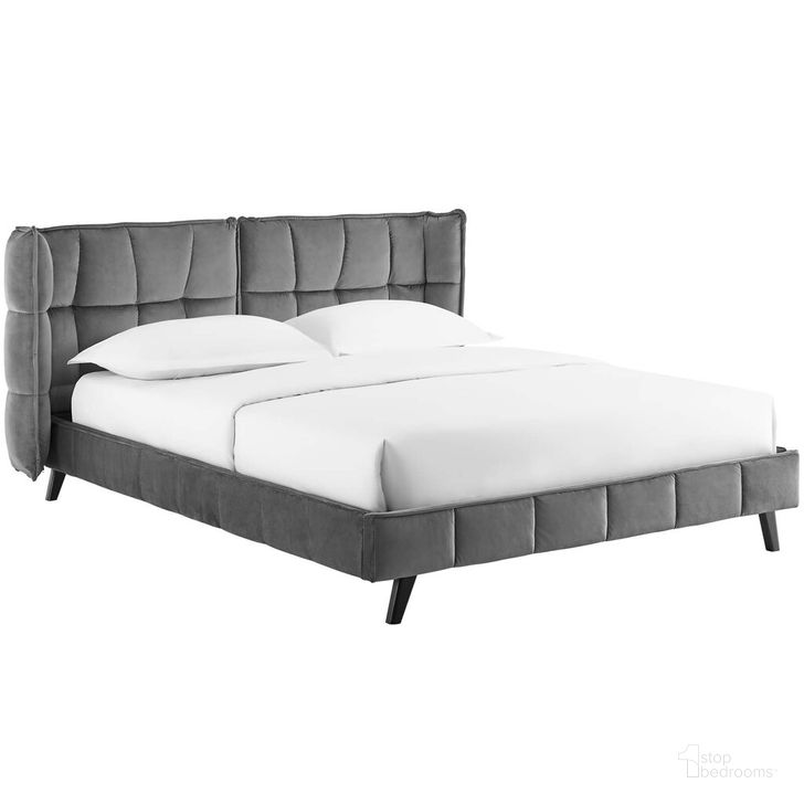The appearance of Makenna Queen Performance Velvet Platform Bed In Gray designed by Modway in the modern / contemporary interior design. This gray piece of furniture  was selected by 1StopBedrooms from Makenna Collection to add a touch of cosiness and style into your home. Sku: MOD-6081-GRY. Bed Type: Platform Bed. Product Type: Platform Bed. Bed Size: Queen. Material: Plywood. Image1