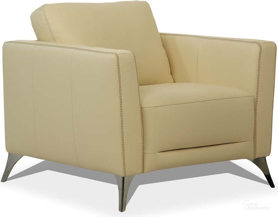 The appearance of Malaga Cream Leather Accent Chair designed by ACME in the modern / contemporary interior design. This cream piece of furniture  was selected by 1StopBedrooms from Malaga Collection to add a touch of cosiness and style into your home. Sku: 55007. Material: Upholstered. Product Type: Accent Chair. Image1