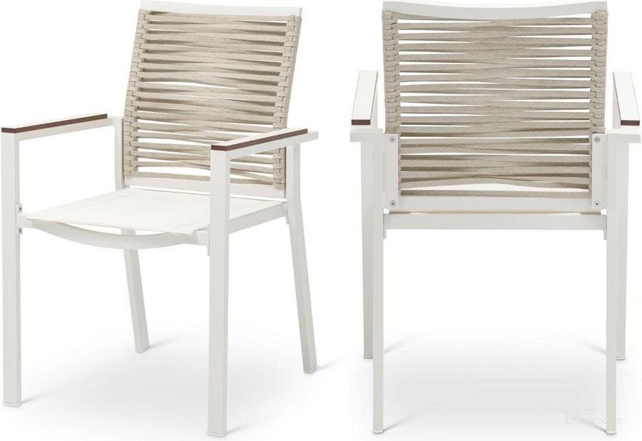 The appearance of Maldives Beige Rope Fabric Outdoor Patio Dining Arm Chair Set of 2 designed by Meridian in the modern / contemporary interior design. This beige piece of furniture  was selected by 1StopBedrooms from Maldives Collection to add a touch of cosiness and style into your home. Sku: 343Beige-AC. Material: Aluminum. Product Type: Outdoor Dining Chair. Image1