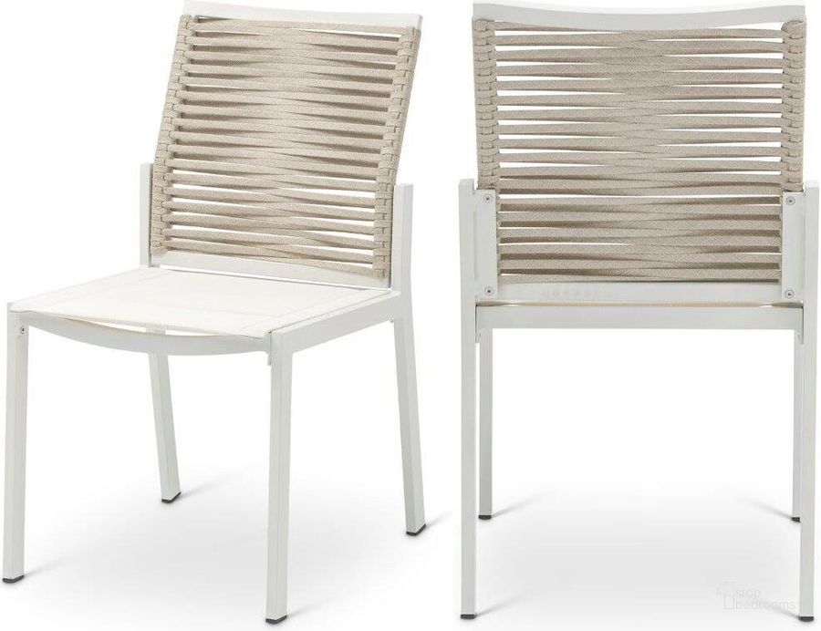 The appearance of Maldives Beige Rope Fabric Outdoor Patio Dining Side Chair Set of 2 designed by Meridian in the modern / contemporary interior design. This beige piece of furniture  was selected by 1StopBedrooms from Maldives Collection to add a touch of cosiness and style into your home. Sku: 343Beige-SC. Material: Aluminum. Product Type: Outdoor Dining Chair. Image1