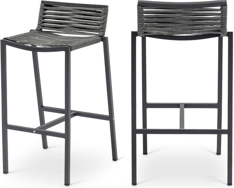 The appearance of Maldives Grey Rope Fabric Outdoor Patio Barstool Set of 2 designed by Meridian in the modern / contemporary interior design. This grey piece of furniture  was selected by 1StopBedrooms from Maldives Collection to add a touch of cosiness and style into your home. Sku: 344Grey-C. Material: Aluminum. Product Type: Outdoor Bar Furniture. Image1