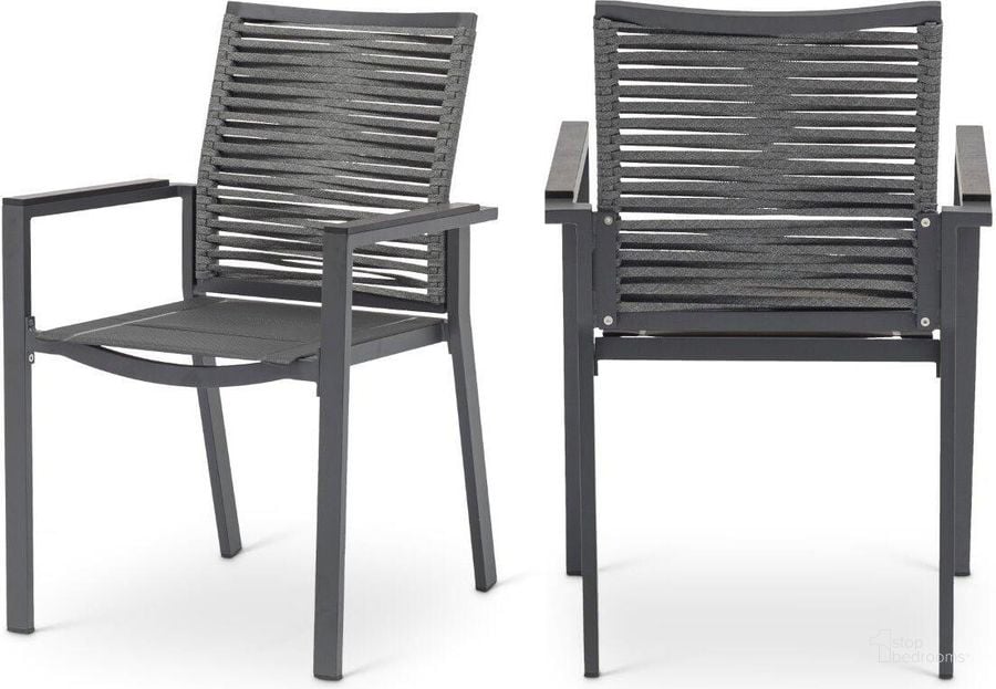 The appearance of Maldives Grey Rope Fabric Outdoor Patio Dining Arm Chair Set of 2 designed by Meridian in the modern / contemporary interior design. This grey piece of furniture  was selected by 1StopBedrooms from Maldives Collection to add a touch of cosiness and style into your home. Sku: 343Grey-AC. Material: Aluminum. Product Type: Outdoor Dining Chair. Image1