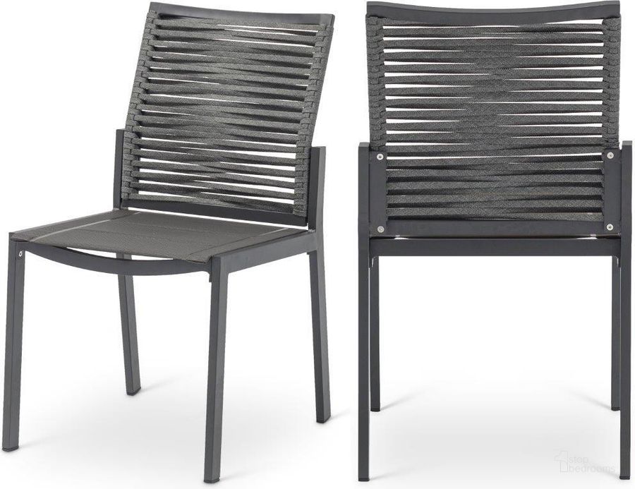The appearance of Maldives Grey Rope Fabric Outdoor Patio Dining Side Chair Set of 2 designed by Meridian in the modern / contemporary interior design. This grey piece of furniture  was selected by 1StopBedrooms from Maldives Collection to add a touch of cosiness and style into your home. Sku: 343Grey-SC. Material: Aluminum. Product Type: Outdoor Dining Chair. Image1