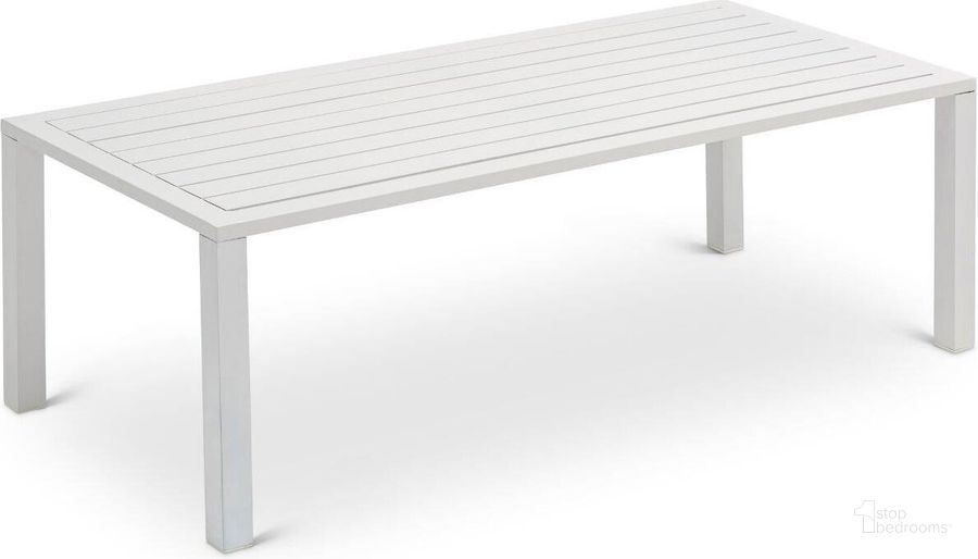 The appearance of Maldives Outdoor Patio Coffee Table In White 346White-Ct designed by Meridian in the modern / contemporary interior design. This white piece of furniture  was selected by 1StopBedrooms from Maldives Collection to add a touch of cosiness and style into your home. Sku: 346White-CT. Material: Aluminum. Product Type: Outdoor Table. Image1
