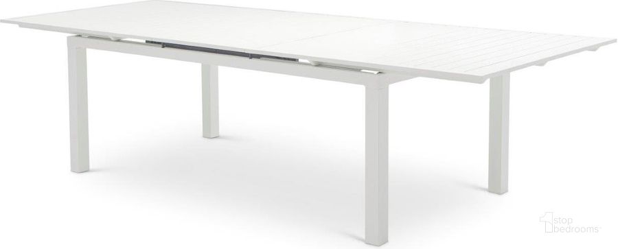 The appearance of Maldives Outdoor Patio Dining Table In White designed by Meridian in the modern / contemporary interior design. This white piece of furniture  was selected by 1StopBedrooms from Maldives Collection to add a touch of cosiness and style into your home. Sku: 343White-T. Material: Aluminum. Product Type: Outdoor Dining Table. Image1
