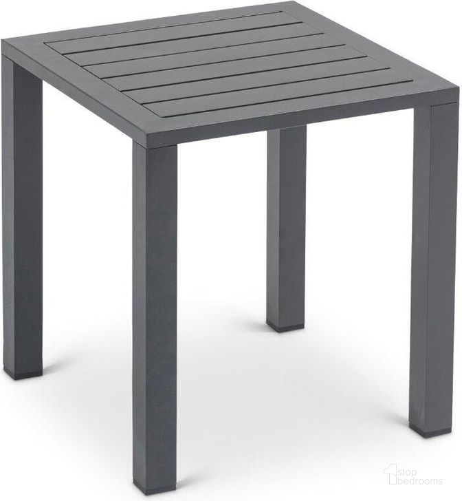 The appearance of Maldives Outdoor Patio End Table In Grey designed by Meridian in the modern / contemporary interior design. This grey piece of furniture  was selected by 1StopBedrooms from Maldives Collection to add a touch of cosiness and style into your home. Sku: 346Grey-ET. Material: Aluminum. Product Type: Outdoor Table. Image1