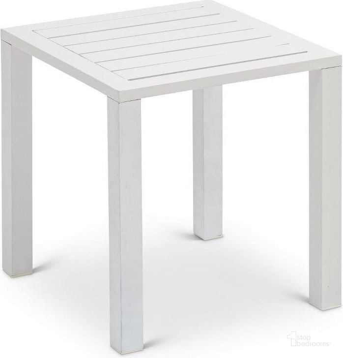 The appearance of Maldives Outdoor Patio End Table In White designed by Meridian in the modern / contemporary interior design. This white piece of furniture  was selected by 1StopBedrooms from Maldives Collection to add a touch of cosiness and style into your home. Sku: 346White-ET. Material: Aluminum. Product Type: Outdoor Table. Image1