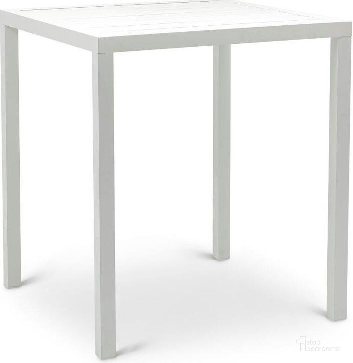 The appearance of Maldives Outdoor Patio Square Bar Table In White designed by Meridian in the modern / contemporary interior design. This white piece of furniture  was selected by 1StopBedrooms from Maldives Collection to add a touch of cosiness and style into your home. Sku: 345White-T. Material: Aluminum. Product Type: Outdoor Bar Furniture. Image1