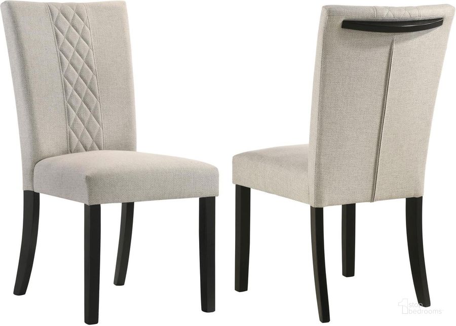 The appearance of Malia Upholstered Solid Back Dining Side Chair Set of 2 In Beige and Black designed by Coaster in the transitional interior design. This black and beige piece of furniture  was selected by 1StopBedrooms from Malia Collection to add a touch of cosiness and style into your home. Sku: 122342. Material: Upholstered. Product Type: Side Chair. Image1