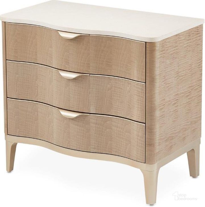 The appearance of Malibu Crest Blush Nightstand 3-Drawer designed by AICO in the transitional interior design. This chardonnay piece of furniture  was selected by 1StopBedrooms from Malibu Crest Collection to add a touch of cosiness and style into your home. Sku: N9007040-131. Material: Marble. Product Type: Nightstand. Image1