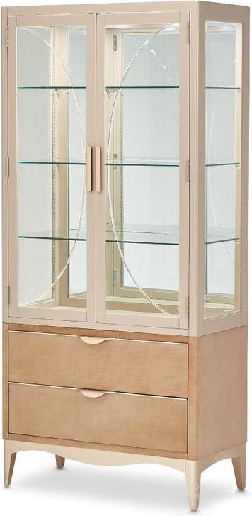 The appearance of Malibu Crest Display Cabinet In Chardonnay designed by AICO in the transitional interior design. This chardonnay piece of furniture  was selected by 1StopBedrooms from Malibu Crest Collection to add a touch of cosiness and style into your home. Sku: N9007209T-822;N9007209B-131. Material: Glass. Product Type: Display Cabinet. Image1