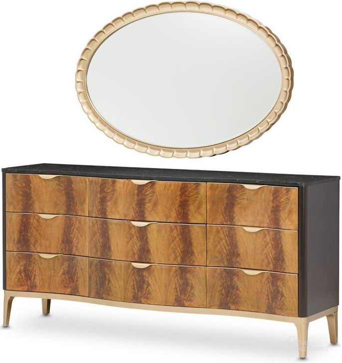 The appearance of Malibu Crest Dresser with Mirror In Crotch Mahogany designed by AICO in the modern / contemporary interior design. This dark espresso piece of furniture  was selected by 1StopBedrooms from Malibu Crest Collection to add a touch of cosiness and style into your home. Sku: 9007050-260-411. Material: Wood. Product Type: Dresser and Mirror.
