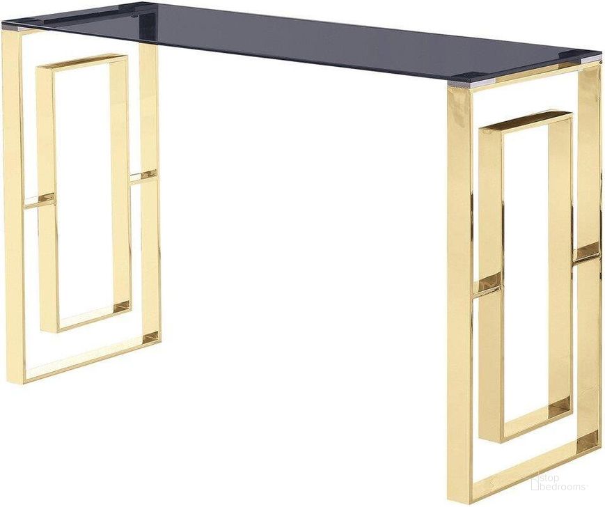 The appearance of Mallory Stainless Steel And Smoked Glass Console Table In Gold designed by Best Master Furniture in the modern / contemporary interior design. This gold piece of furniture  was selected by 1StopBedrooms from Mallory Collection to add a touch of cosiness and style into your home. Sku: E28GS. Material: Glass. Product Type: Console Table.