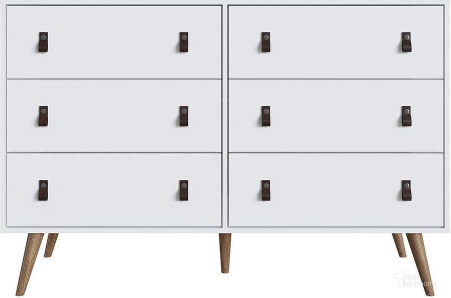 The appearance of Manhattan Comfort Amber Double Dresser With Faux Leather Handles In White designed by Manhattan Comfort in the modern / contemporary interior design. This white piece of furniture  was selected by 1StopBedrooms from Amber Collection to add a touch of cosiness and style into your home. Sku: 306GFX1. Material: Wood. Product Type: Dresser. Image1