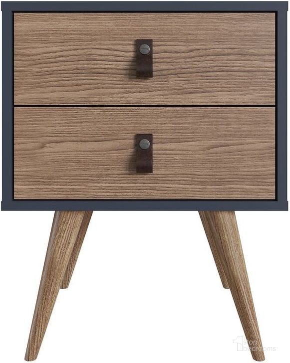 The appearance of Manhattan Comfort Amber Nightstand With Faux Leather Handles In Blue And Nature designed by Manhattan Comfort in the modern / contemporary interior design. This blue and natural piece of furniture  was selected by 1StopBedrooms from Amber Collection to add a touch of cosiness and style into your home. Sku: 302GFX2. Material: Wood. Product Type: Nightstand. Image1