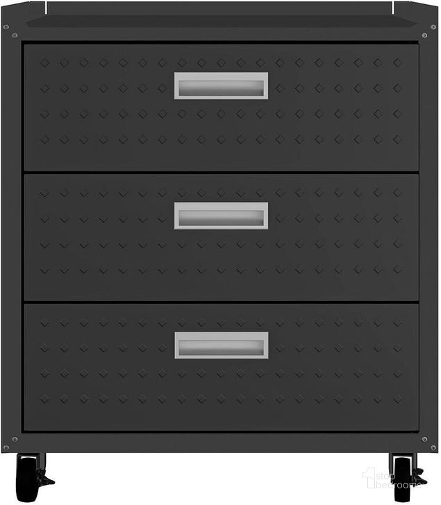 The appearance of Manhattan Comfort Fortress Textured Metal 31.5 Inch Garage Mobile Chest With 3 Full Extension Drawers In Charcoal Grey designed by Manhattan Comfort in the modern / contemporary interior design. This charcoal grey piece of furniture  was selected by 1StopBedrooms from Fortress Collection to add a touch of cosiness and style into your home. Sku: 4GMCC-CH. Material: Steel. Product Type: Cabinet. Image1