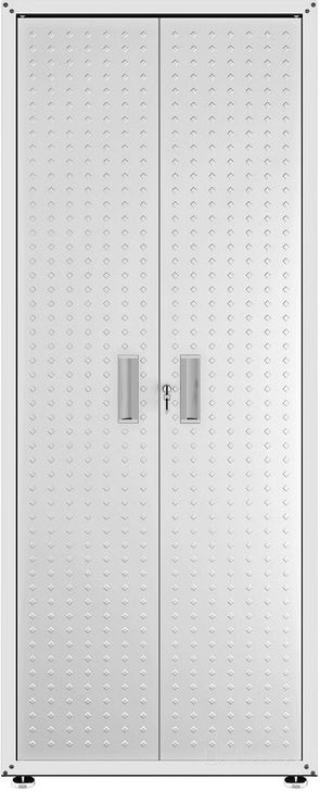 The appearance of Manhattan Comfort Fortress Textured Metal 75.4 Inch Garage Cabinet With 4 Adjustable Shelves In White designed by Manhattan Comfort in the modern / contemporary interior design. This white piece of furniture  was selected by 1StopBedrooms from Fortress Collection to add a touch of cosiness and style into your home. Sku: 1GMCF-WH. Material: Steel. Product Type: Cabinet. Image1