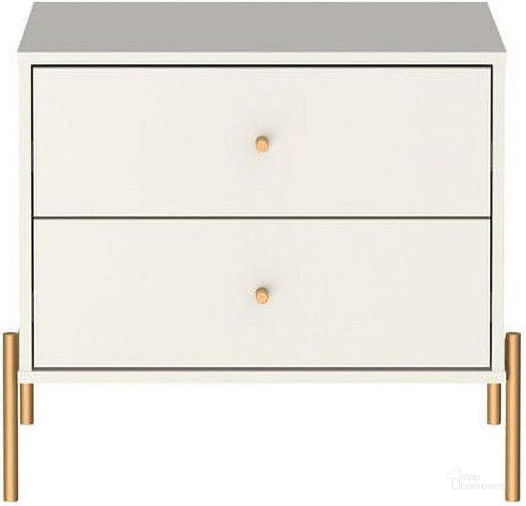 The appearance of Manhattan Comfort Jasper Nightstand With Steel Gold Legs In Off White Matte designed by Manhattan Comfort in the modern / contemporary interior design. This off white piece of furniture  was selected by 1StopBedrooms from Jasper Collection to add a touch of cosiness and style into your home. Sku: 51353. Product Type: Nightstand. Material: MDF. Image1
