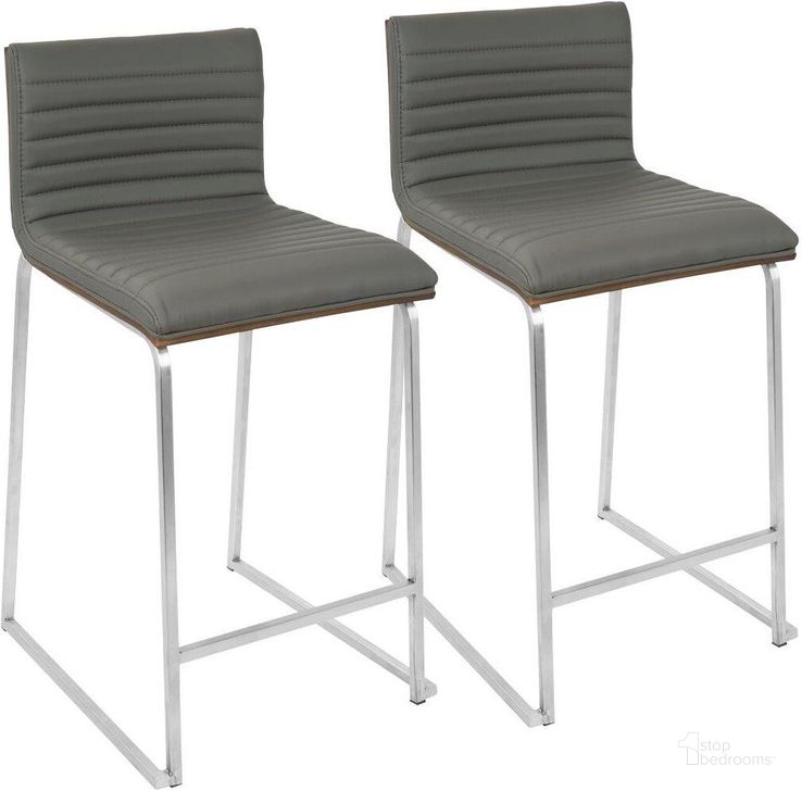 The appearance of Mara 26 Inch Contemporary Counter Stool In Brushed Stainless Steel, Walnut Wood, And Grey Faux Leather - Set Of 2 designed by Lumisource in the modern / contemporary interior design. This walnut piece of furniture  was selected by 1StopBedrooms from Mara Collection to add a touch of cosiness and style into your home. Sku: B26-MARA WL+GY2. Material: Metal. Product Type: Barstool. Image1