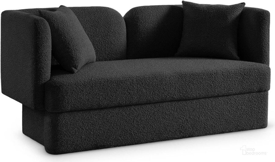 The appearance of Marcel Black Boucle Fabric Loveseat designed by Meridian in the modern / contemporary interior design. This black piece of furniture  was selected by 1StopBedrooms from Marcel Collection to add a touch of cosiness and style into your home. Sku: 616Black-L. Product Type: Loveseat. Material: MDF. Image1