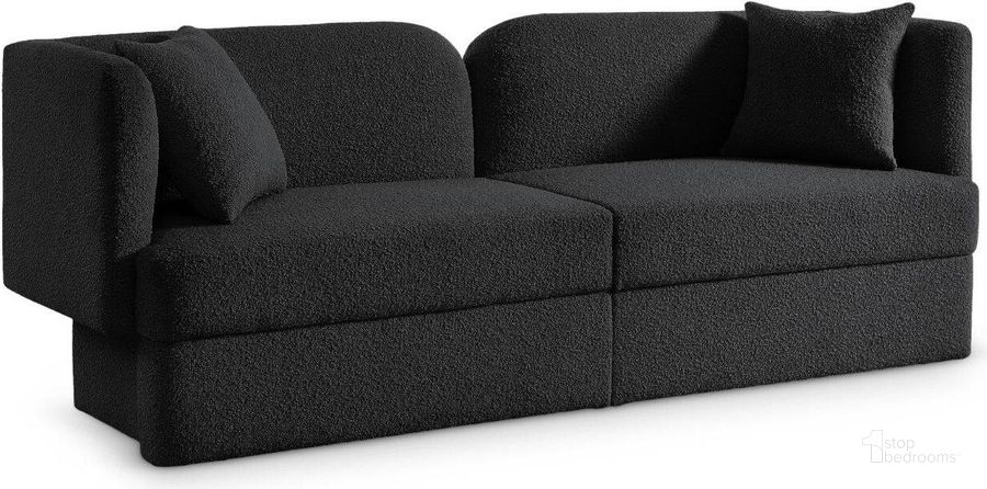 The appearance of Marcel Black Boucle Fabric Sofa designed by Meridian in the modern / contemporary interior design. This black piece of furniture  was selected by 1StopBedrooms from Marcel Collection to add a touch of cosiness and style into your home. Sku: 616Black-S. Product Type: Sofa. Material: MDF. Image1