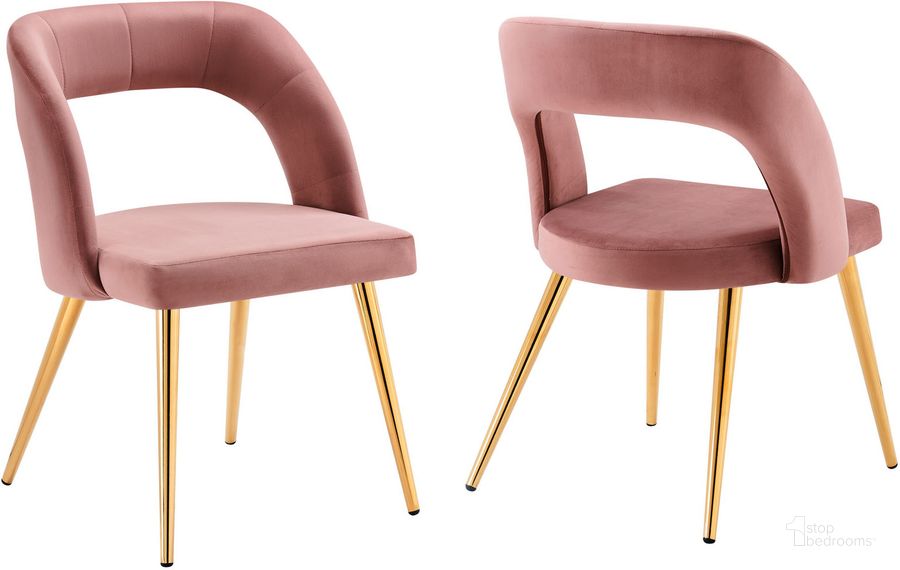 The appearance of Marciano Performance Velvet Dining Chair Set of 2 In Gold Dusty Rose designed by Modway in the modern / contemporary interior design. This gold dusty rose piece of furniture  was selected by 1StopBedrooms from Marciano Collection to add a touch of cosiness and style into your home. Sku: EEI-6030-GLD-DUS. Product Type: Dining Chair. Material: Plywood. Image1