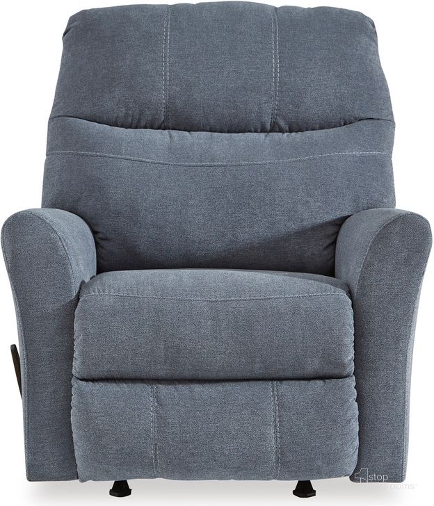The appearance of Marelton Rocker Recliner In Denim designed by Signature Design by Ashley in the modern / contemporary interior design. This denim piece of furniture  was selected by 1StopBedrooms from Marleton Collection to add a touch of cosiness and style into your home. Sku: 5530325. Material: Fabric. Product Type: Recliner. Image1