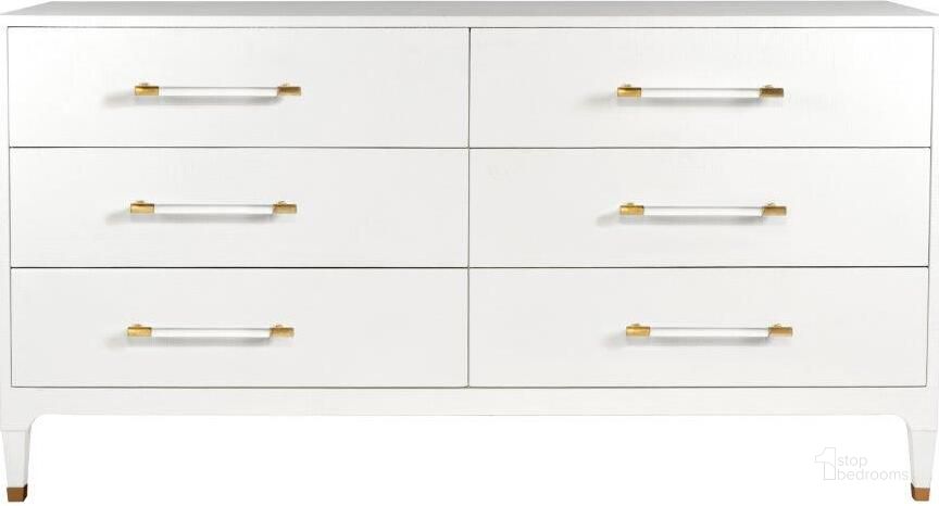 The appearance of Maren Lacquered White Linen With Antique Brass And Acrylic 6 Drawer Dresser Chest designed by Worlds Away in the modern / contemporary interior design. This white piece of furniture  was selected by 1StopBedrooms from Maren Collection to add a touch of cosiness and style into your home. Sku: MAREN WHL. Material: Metal. Product Type: Dresser. Image1