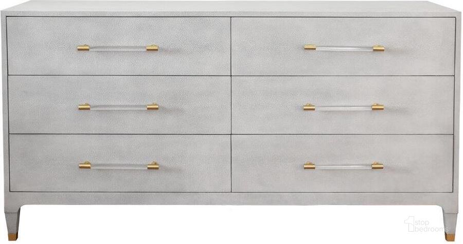 The appearance of Maren Light Grey Faux Shagreen With Antique Brass And Acrylic 6 Drawer Dresser Chest designed by Worlds Away in the modern / contemporary interior design. This grey piece of furniture  was selected by 1StopBedrooms from Maren Collection to add a touch of cosiness and style into your home. Sku: MAREN LGS. Material: Metal. Product Type: Dresser. Image1