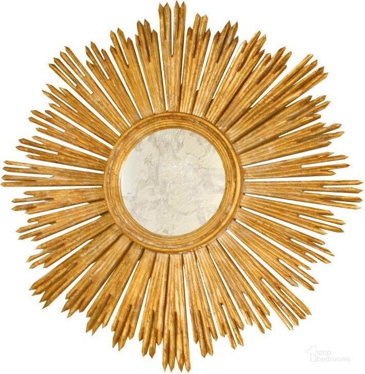 The appearance of Margeaux Gold Leaf Handcarved Starburst Mirror designed by Worlds Away in the modern / contemporary interior design. This gold piece of furniture  was selected by 1StopBedrooms from Margeaux Collection to add a touch of cosiness and style into your home. Sku: MARGEAUX G. Material: Wood. Product Type: Mirror.