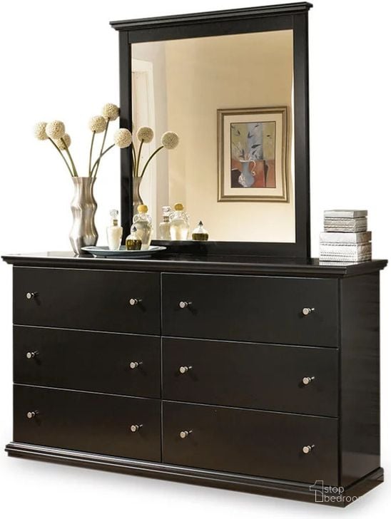 The appearance of Maribel Dresser and Mirror In Black designed by Signature Design by Ashley in the transitional interior design. This black piece of furniture  was selected by 1StopBedrooms from Maribel Collection to add a touch of cosiness and style into your home. Sku: B138-31;B138-36. Material: Wood. Product Type: Dresser and Mirror. Image1
