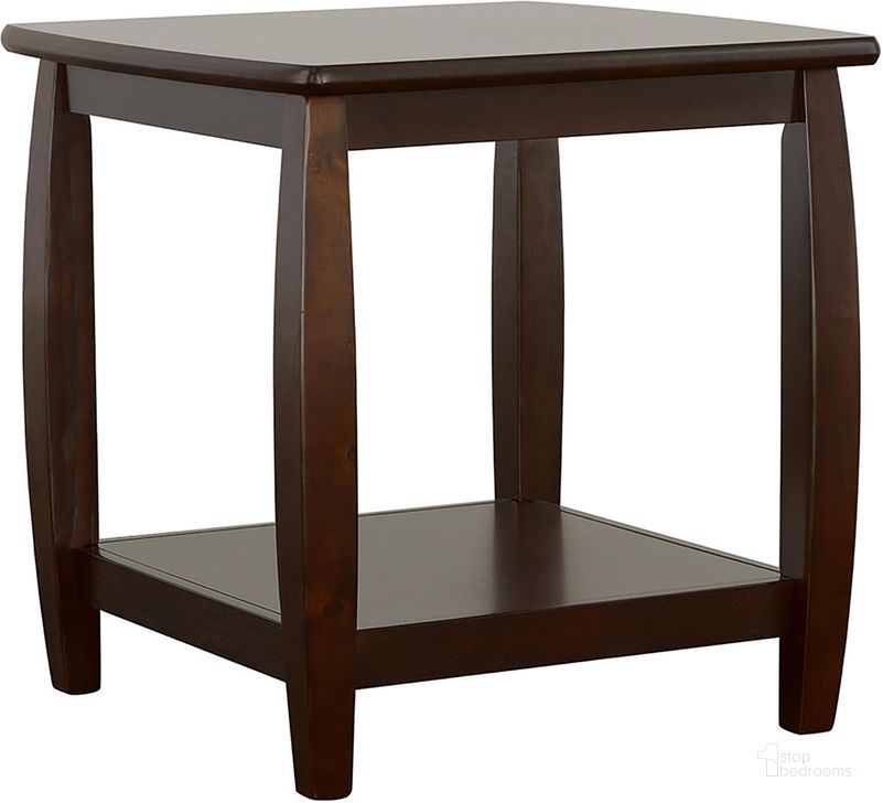 The appearance of Marina End Table With Bottom Shelf designed by Coaster in the transitional interior design. This black piece of furniture  was selected by 1StopBedrooms from Bowed Collection to add a touch of cosiness and style into your home. Sku: 701077. Table Top Shape: Triangular. Material: Wood. Product Type: End Table. Image1