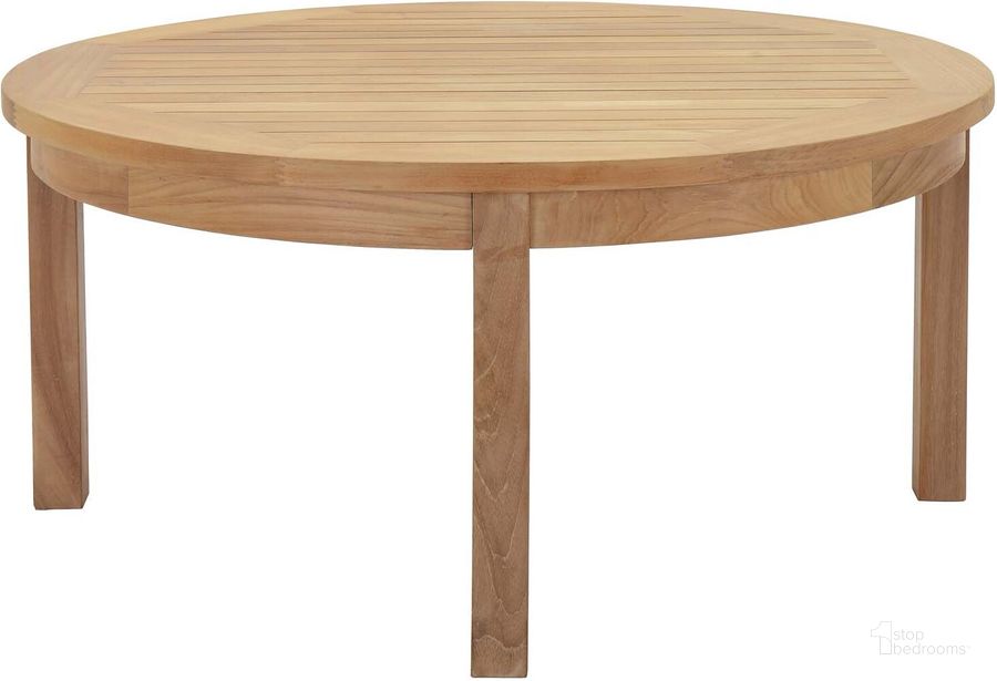 The appearance of Marina Natural Outdoor Patio Teak Round Coffee Table designed by Modway in the modern / contemporary interior design. This natural piece of furniture  was selected by 1StopBedrooms from Marina Collection to add a touch of cosiness and style into your home. Sku: EEI-1153-NAT. Material: Wood. Product Type: Outdoor Table. Image1