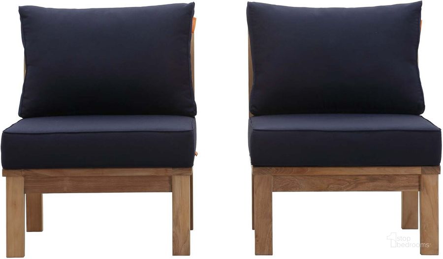 The appearance of Marina Navy 2 Piece Outdoor Patio Teak Set EEI-1821-NAT-NAV-SET designed by Modway in the modern / contemporary interior design. This navy piece of furniture  was selected by 1StopBedrooms from Marina Collection to add a touch of cosiness and style into your home. Sku: EEI-1821-NAT-NAV-SET. Material: Wood. Product Type: Outdoor Conversation Set. Image1