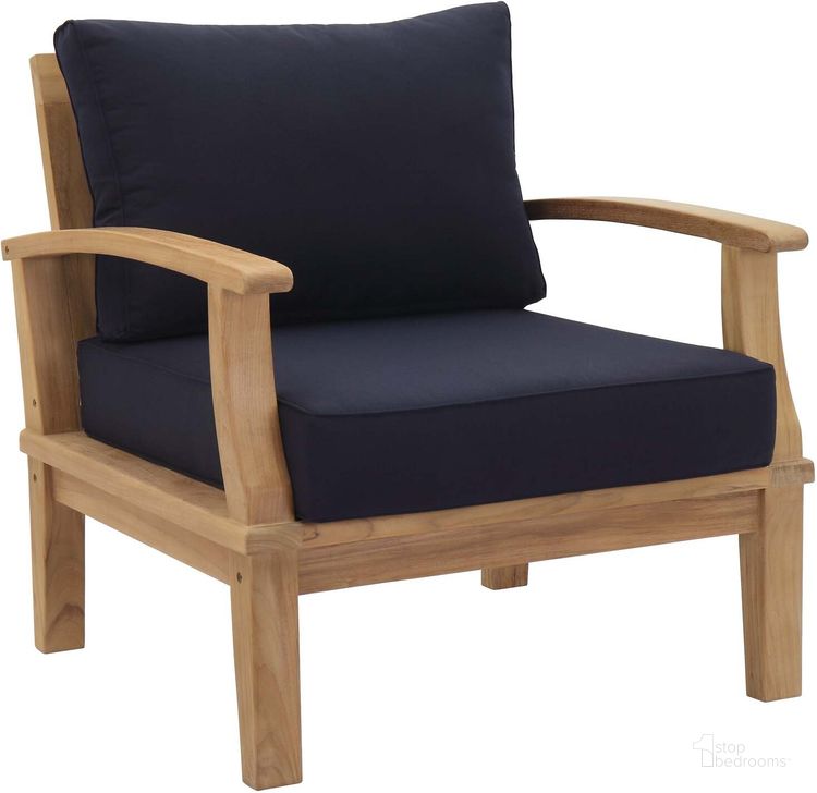 The appearance of Marina Navy Outdoor Patio Teak Arm Chair designed by Modway in the modern / contemporary interior design. This navy piece of furniture  was selected by 1StopBedrooms from Marina Collection to add a touch of cosiness and style into your home. Sku: EEI-1143-NAT-NAV-SET. Material: Wood. Product Type: Outdoor Dining Chair. Image1