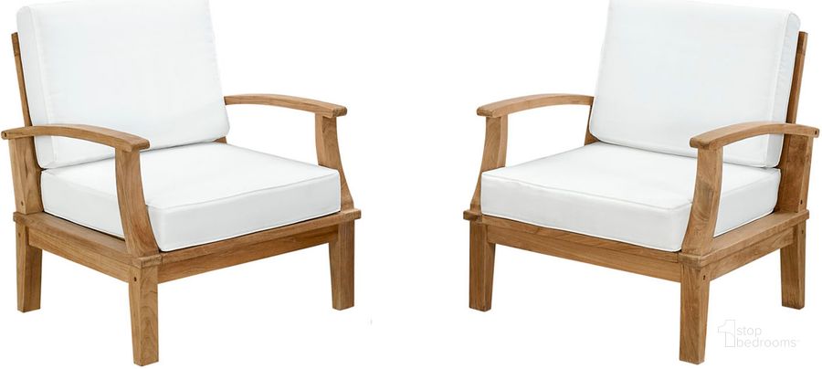 The appearance of Marina White 2 Piece Outdoor Patio Teak Set EEI-1819-NAT-WHI-SET designed by Modway in the modern / contemporary interior design. This white piece of furniture  was selected by 1StopBedrooms from Marina Collection to add a touch of cosiness and style into your home. Sku: EEI-1819-NAT-WHI-SET. Material: Wood. Product Type: Outdoor Conversation Set. Image1